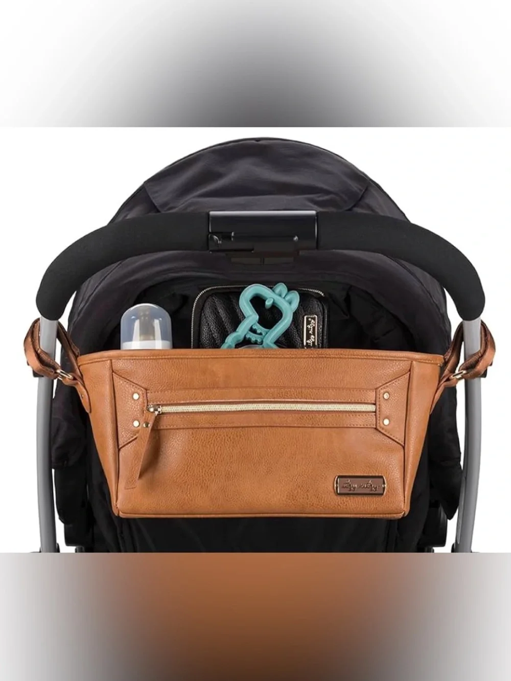 Itzy Ritzy Stroller Organizer Caddy Brown Vegan Leather Adjustable, Zipper